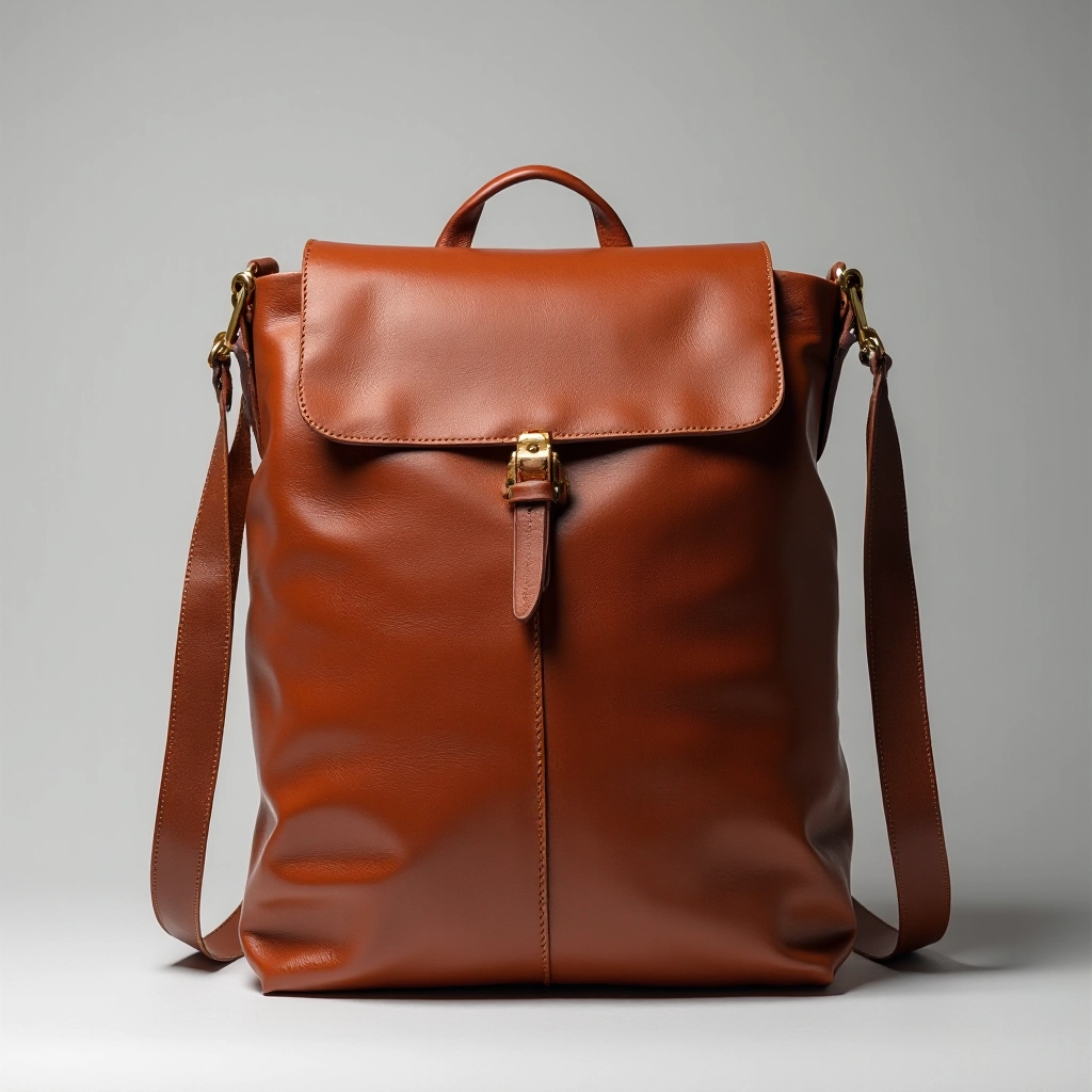 Cognac tan leather crossbody shoulder bag with brass hardware and adjustable strap, displayed on neutral grey background