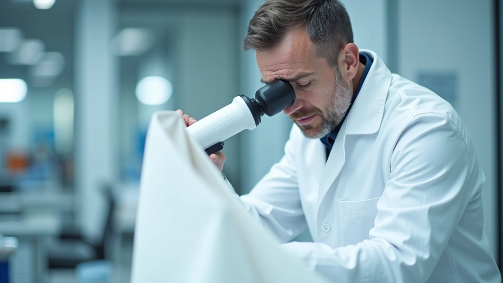 Martin Kovács working at a textile testing laboratory, examining bag materials under bright studio lighting