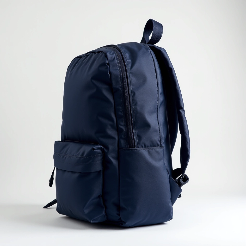 Side profile of navy backpack showing overall shape, strap construction, ventilation design, and compartment layout with measurement indicators