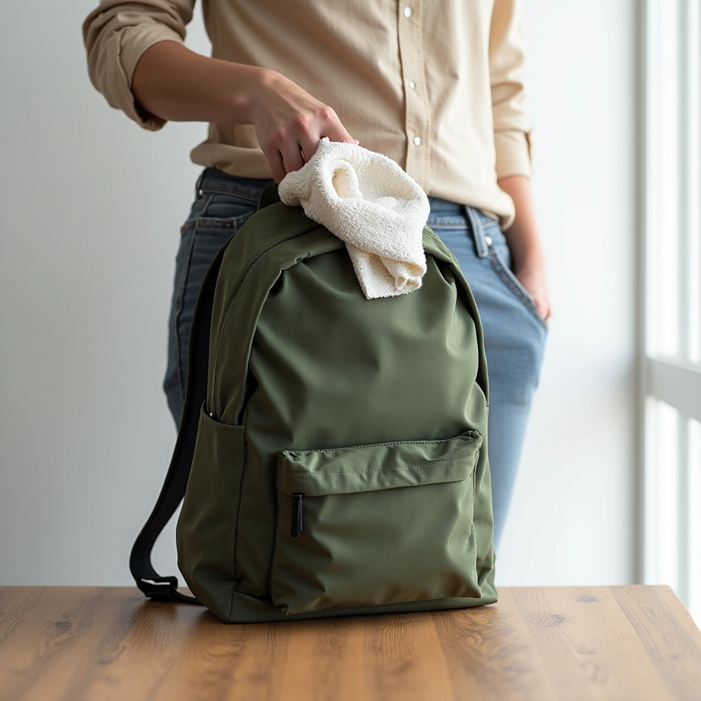 Person cleaning forest green rucksack with soft cloth and mild soap at wooden table