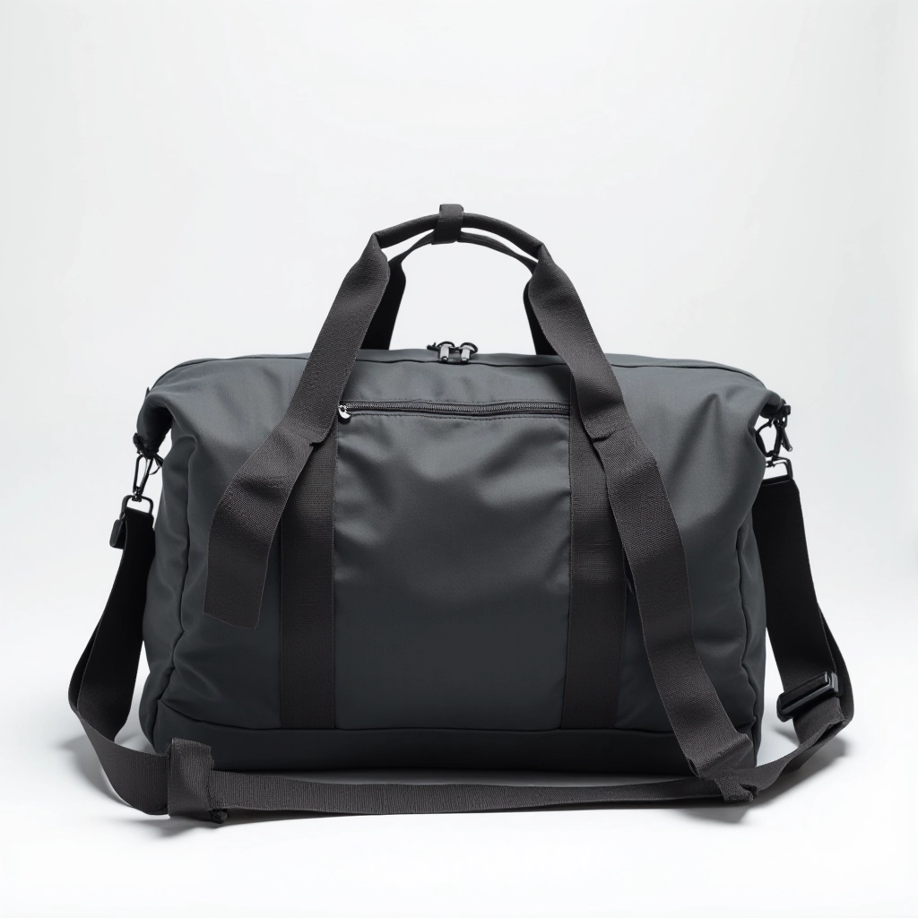Travel Duffle Hybrid showing removable padded shoulder straps with secure attachment points and reinforced stitching on charcoal nylon